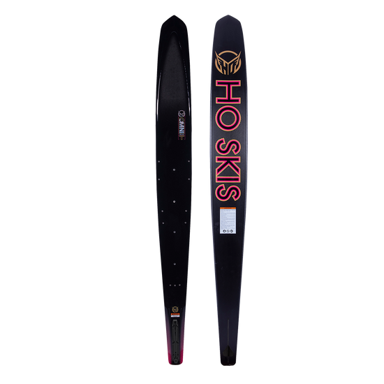 Side-by-side of Womens Carbon Omni 2023 ski showing the black top with subtle branding and base with bold pink text.