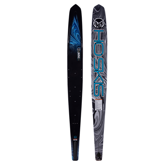 Side-by-side view of Omni 2023 waterski showing the black top with a blue swirl pattern and the base with a marbled design.