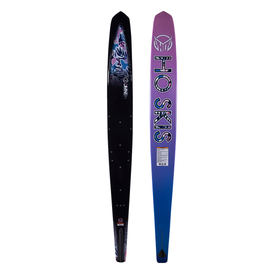Side-by-side view of Womens Omni 2023 ski with a black top featuring blue floral accents and a purple-to-blue base.
