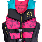 Front view of the Girls Youth Pursuit life vest in pink and black with teal accents, featuring buckles and a zipper.