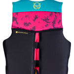 Back view of the Girls Youth Pursuit life vest in pink and black with teal accents, showcasing the HO Sports logo.