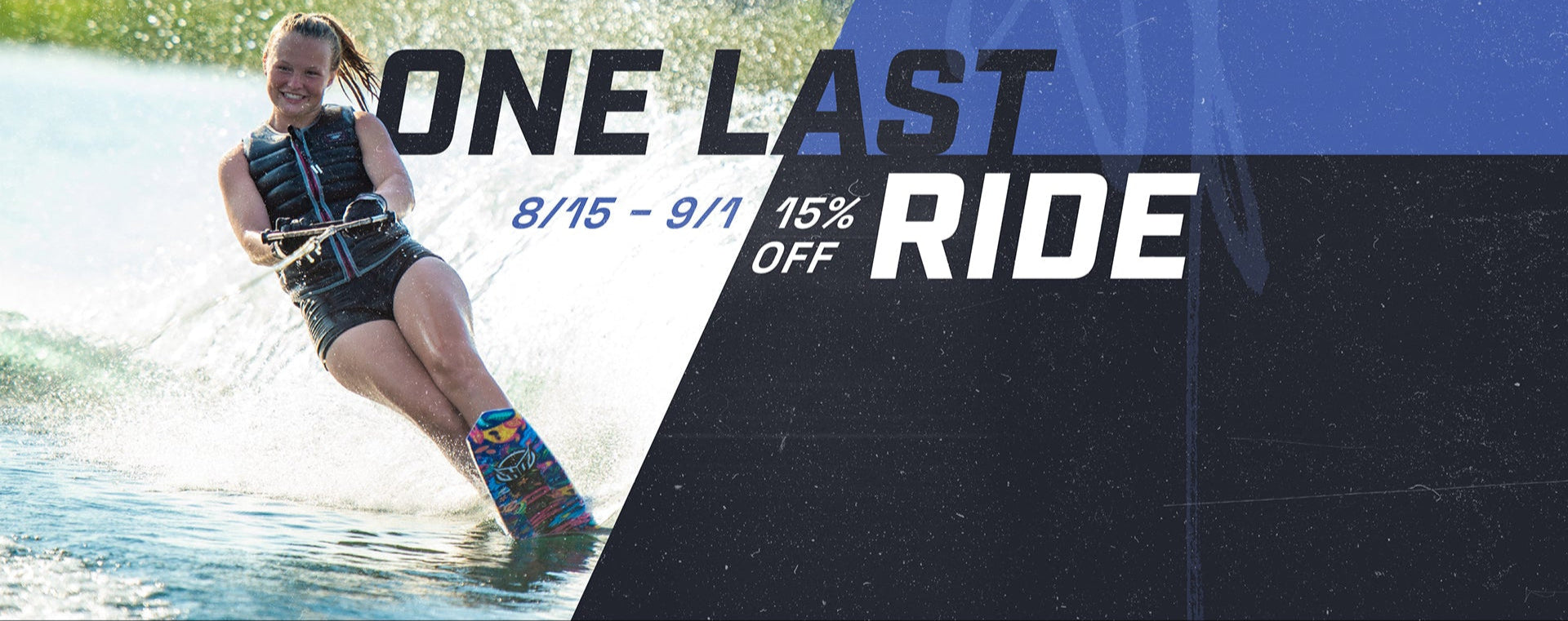 Person water skiing with promotional text overlay on a blue and black background stating a 15% off sale.