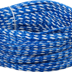 2-person deluxe tube rope in blue and white braided design, coiled with plastic tie.