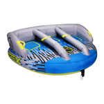 Left-angle view of the APEX 3 towable tube with a blue and gray design, padded seats, and yellow grab handles.