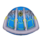 Top view of the APEX 3 towable tube with a blue and gray design, padded seats, and yellow grab handles.