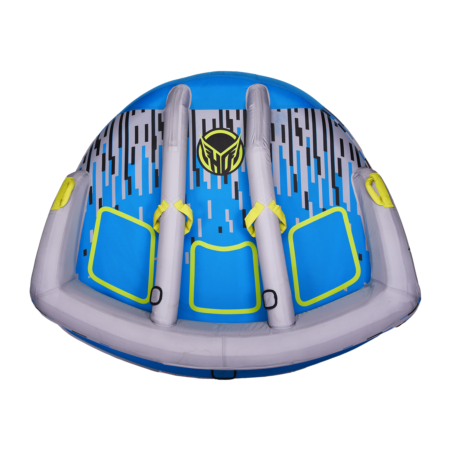 Top view of the APEX 3 towable tube with a blue and gray design, padded seats, and yellow grab handles.