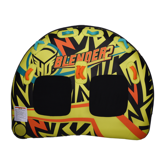Top view of the Blender 2 towable tube with a yellow, black, and orange pattern, padded seats, and multiple grab handles.