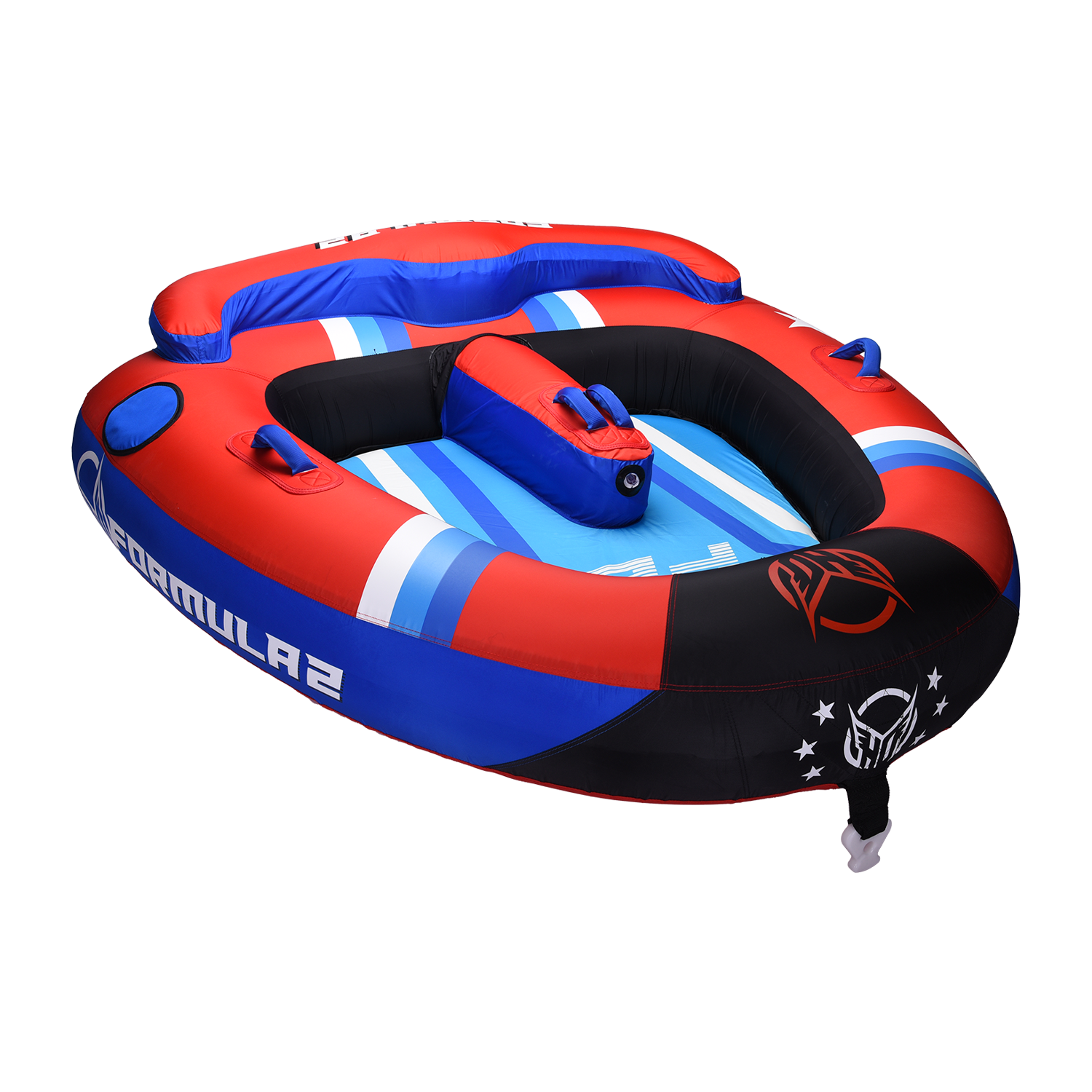 Angled view of the Formula 2 towable tube in red, blue, and black with two seating areas and padded handles.