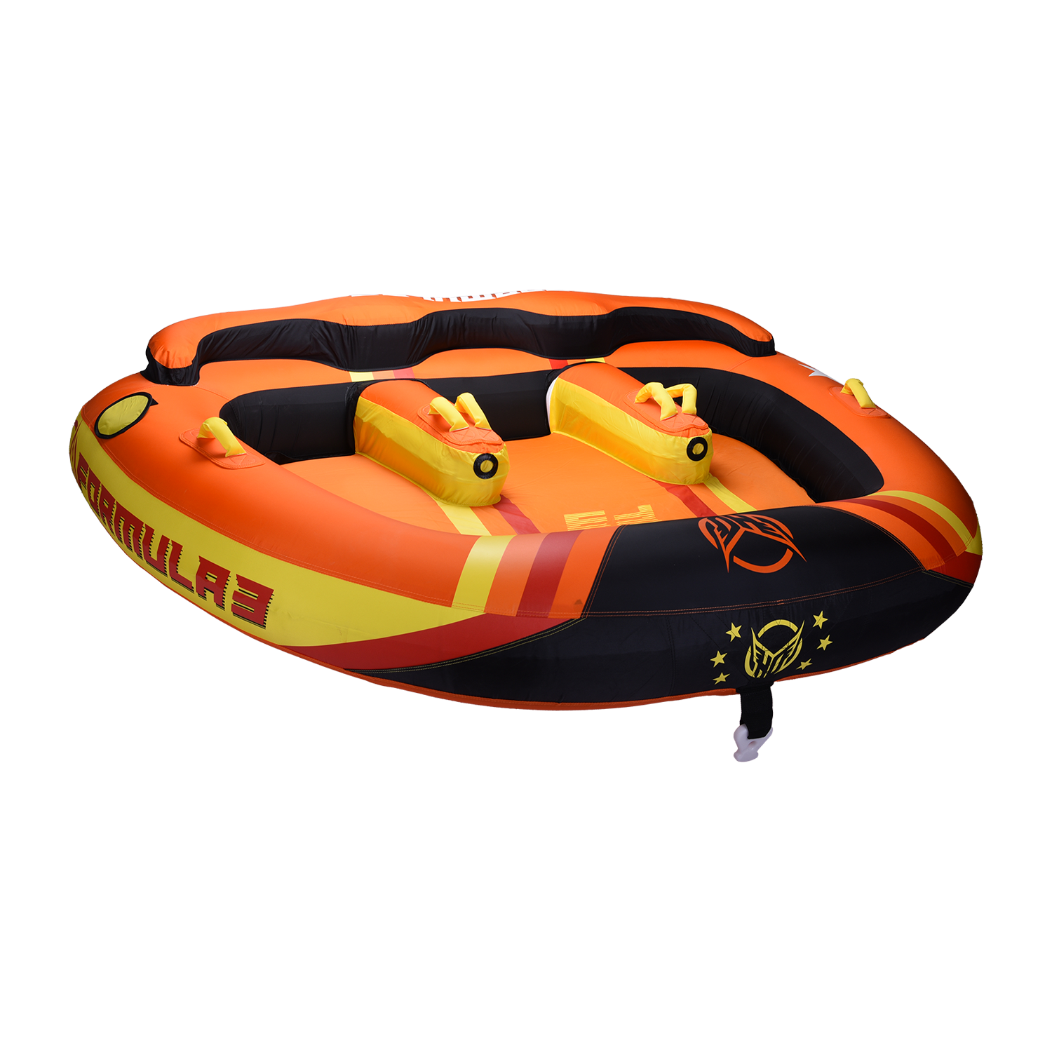 Angled view of the Formula 3 towable tube in orange, yellow, and black with three seating areas and padded handles.