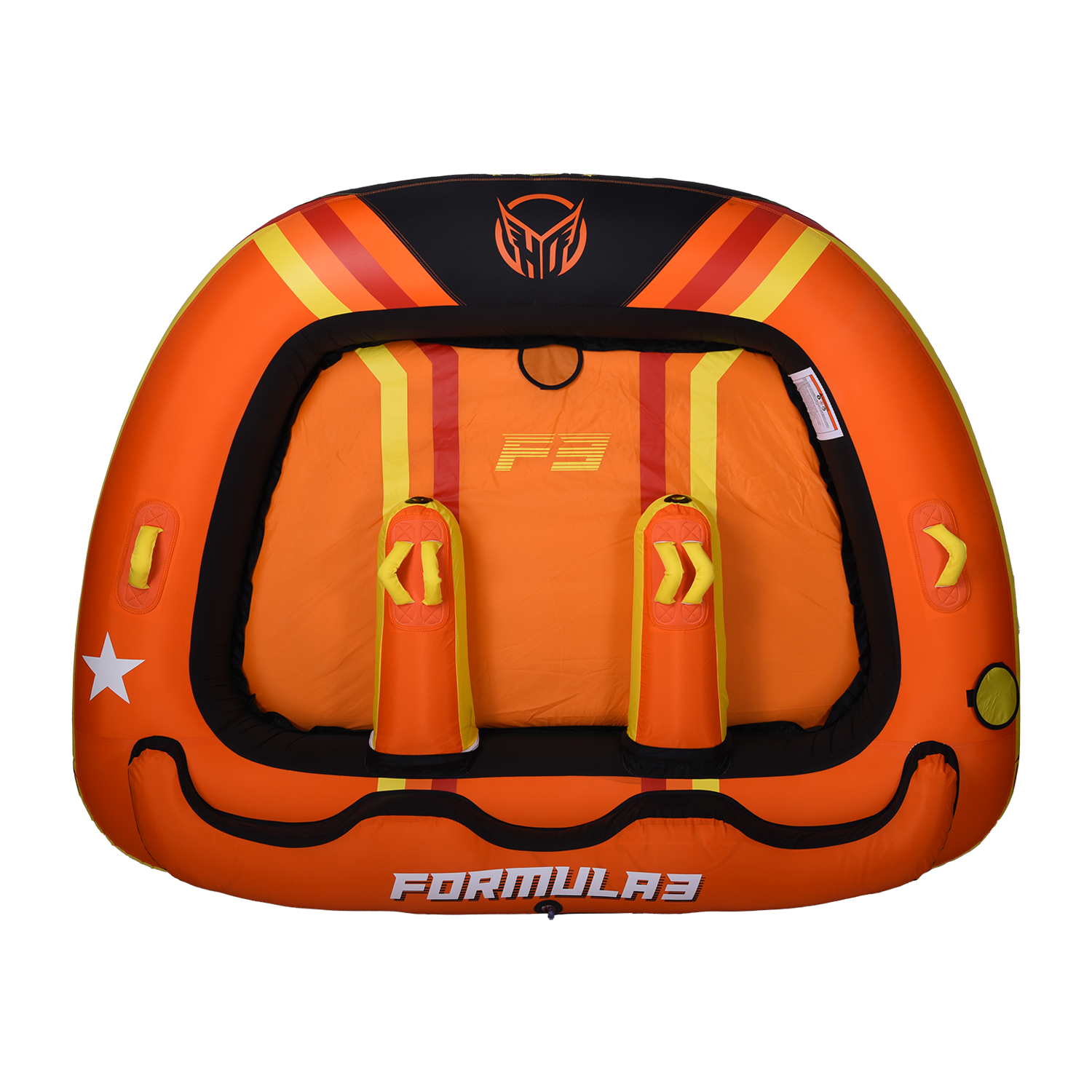 Top view of the Formula 3 towable tube in orange, yellow, and black with three seating areas and padded handles.