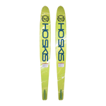 Base view of the 67 Freeride Combos water skis in bright yellow with blue "HO Skis" branding and fin attachments.
