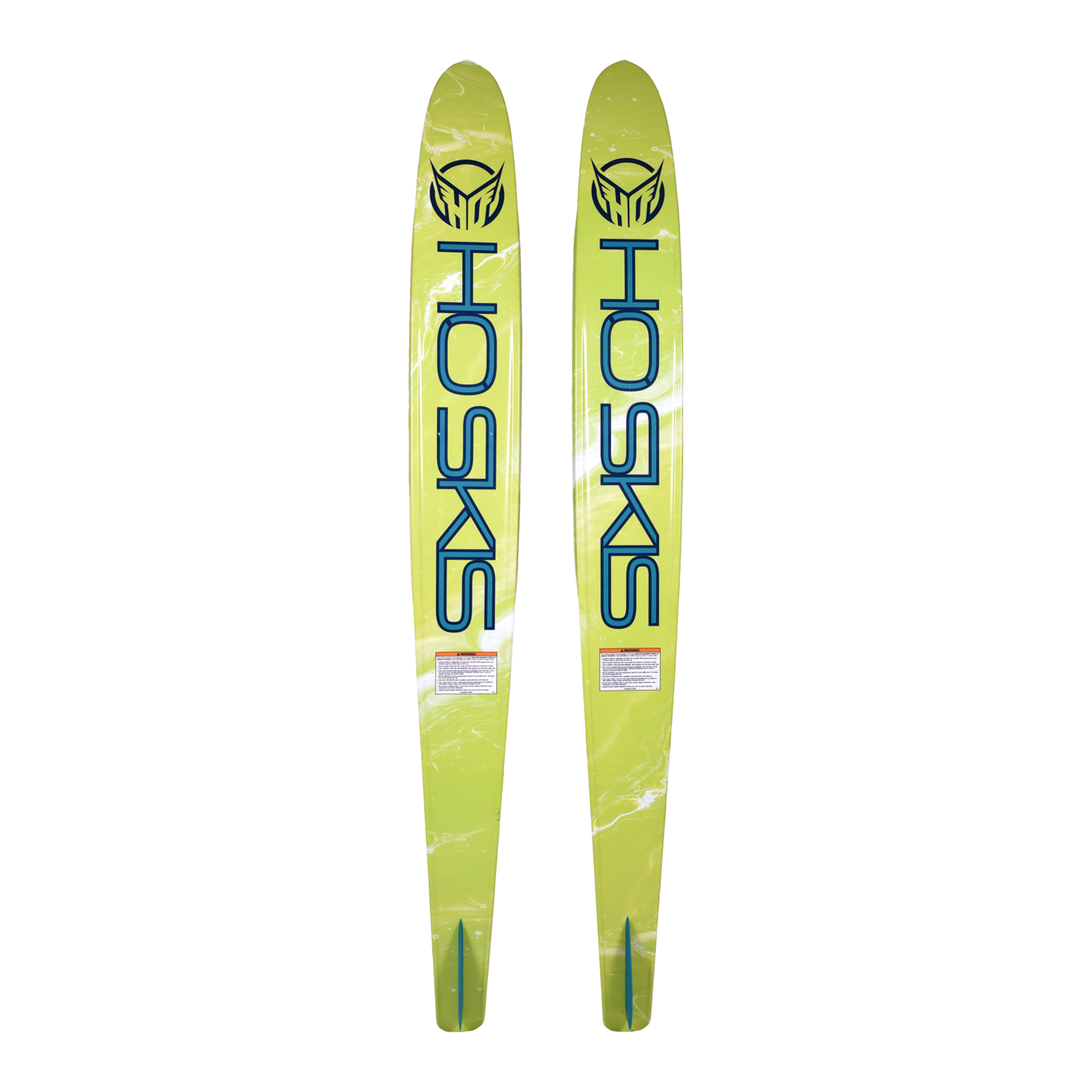 Base view of the 67 Freeride Combos water skis in bright yellow with blue "HO Skis" branding and fin attachments.