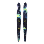 Top view of 67 Freeride Combos water skis with a blue and green jellyfish design, black bindings, and HO Sports logo.