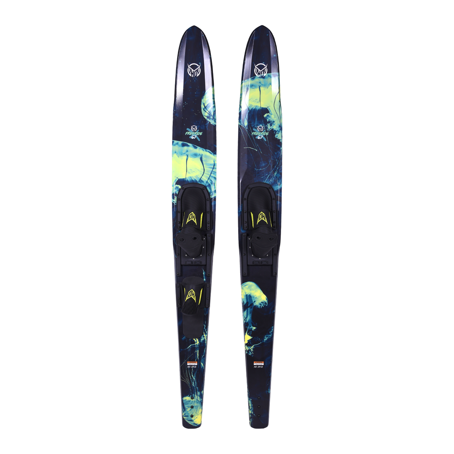 Top view of 67 Freeride Combos water skis with a blue and green jellyfish design, black bindings, and HO Sports logo.