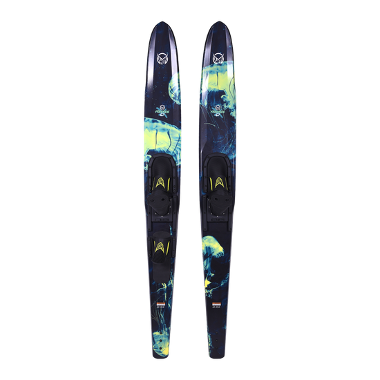 Top view of 67 Freeride Combos water skis with a blue and green jellyfish design, black bindings, and HO Sports logo.