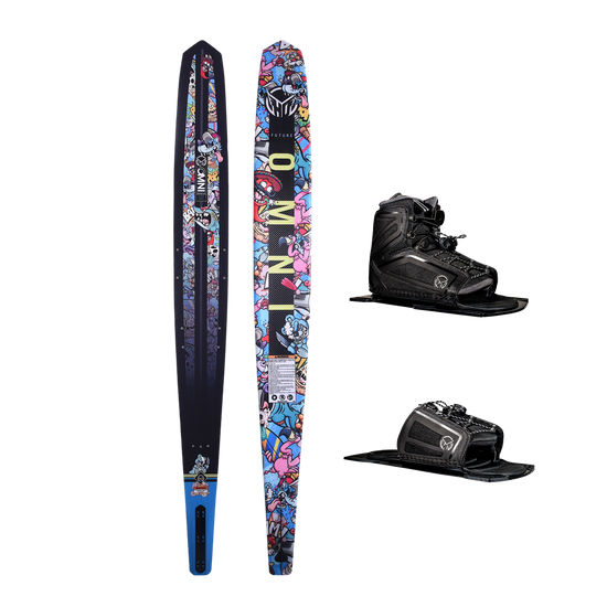 Top and base of the Future OMNI - Wacky Toons waterski's vibrant cartoon graphics, shown with Stance 110 Front Boot and RTP.