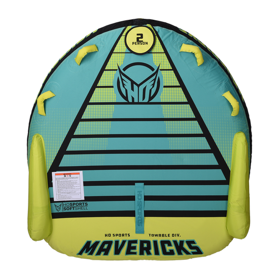 Top view of the Mavericks 2 towable tube in teal and yellow with black accents, four handles, and seating for two riders.