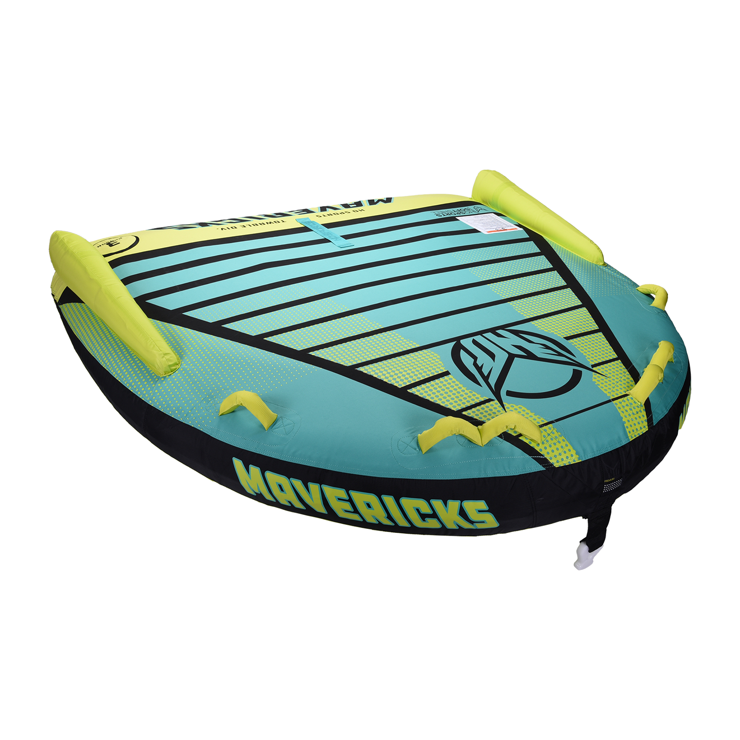 Angled view of the Mavericks 3 towable tube in teal and yellow with six handles and space for three riders.