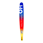 Base view of Omni Ultra White waterski with a gradient blue-to-yellow design, bold text, and a logo near the tip.