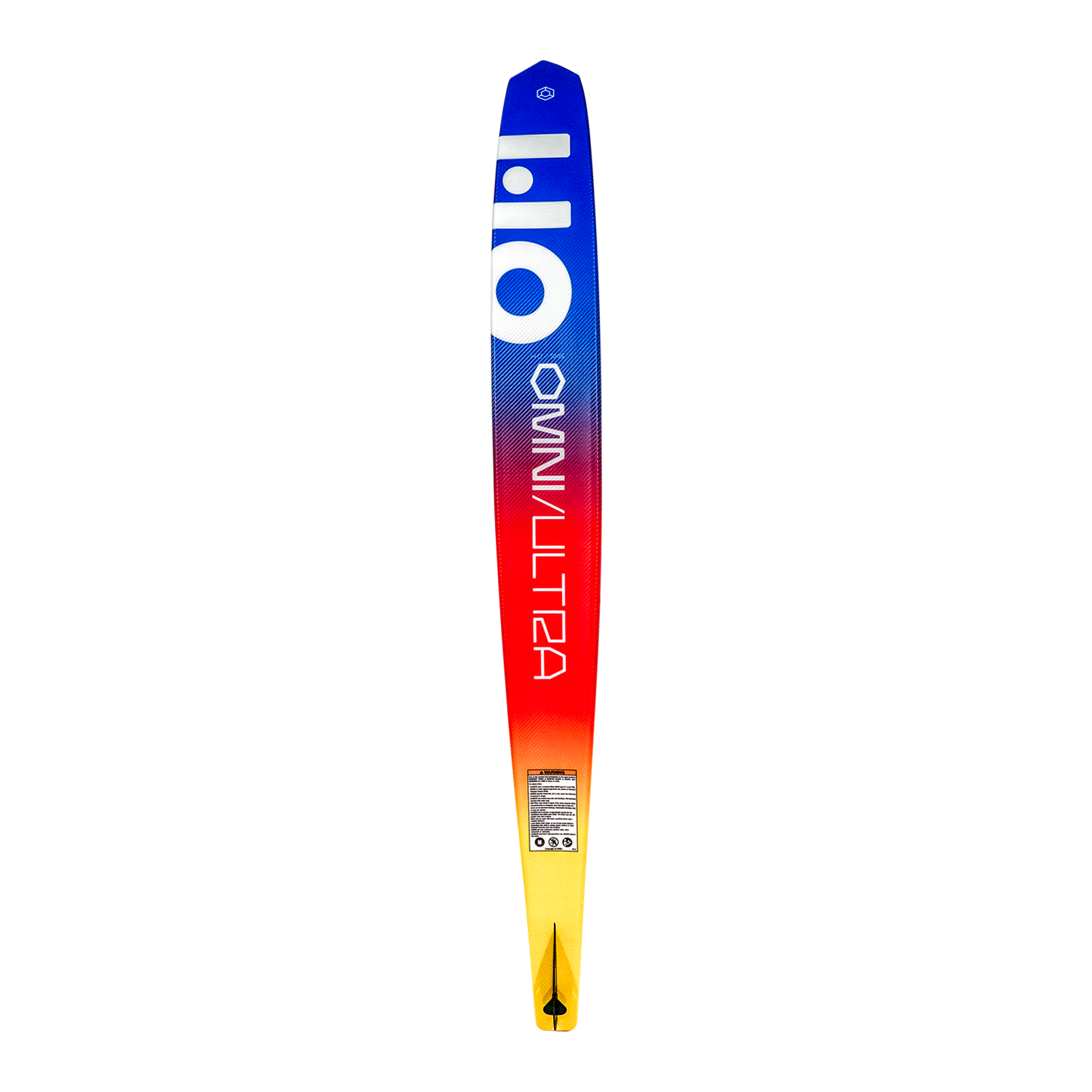 Base view of Omni Ultra White waterski with a gradient blue-to-yellow design, bold text, and a logo near the tip.