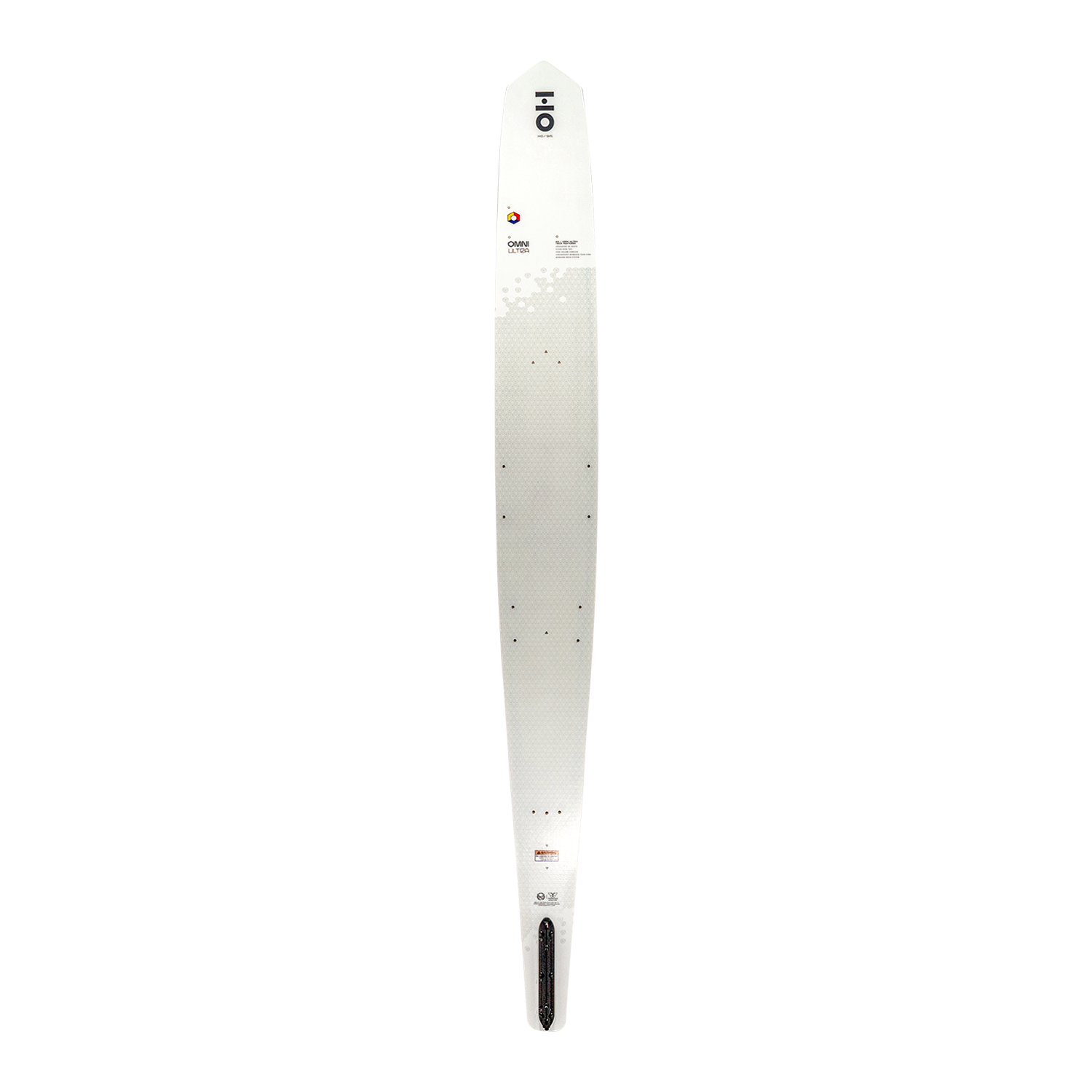 Top view of Omni Ultra White waterski in white with a subtle pattern, mounting inserts, and a small logo near the tip.