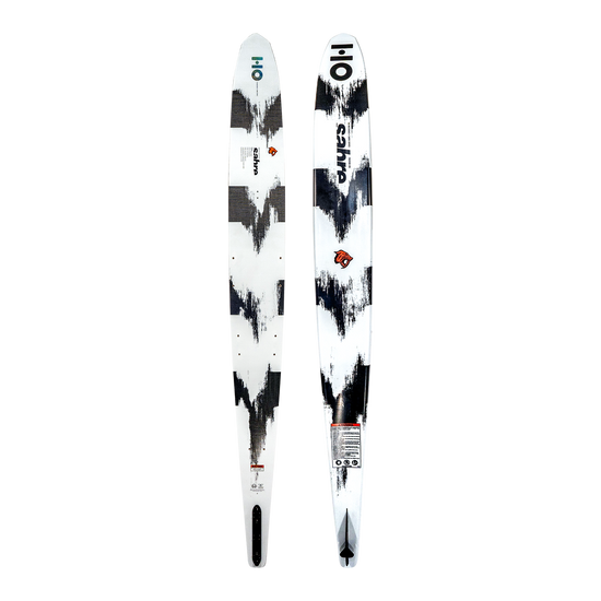 Side-by-side top and base views of the Sabre ski, displaying its white and black abstract design.