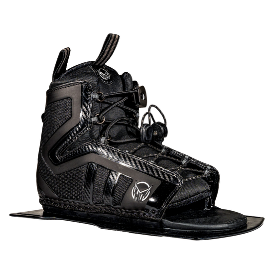 Angled view of Stance 130 Front waterski boot in black with a lace-up closure and reinforced side panels.