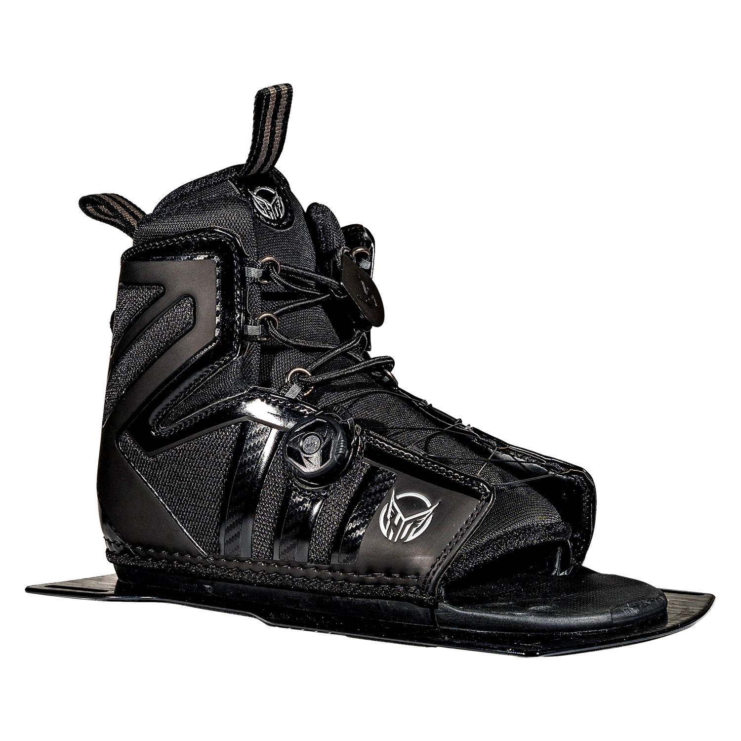 Angled view of the black Stance 130 Front w/ ATOP boot showing laces, textured panels, and an ATOP dial on the side.