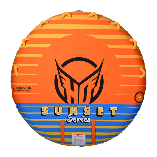 Top view of Sunset 4, a round orange towable tube with yellow gradient stripes, black logo, and "Sunset Series" text.