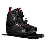Three-quarter view of the Women's Stance 110 Front binding in black with pink laces, an open-toe design and supportive frame.