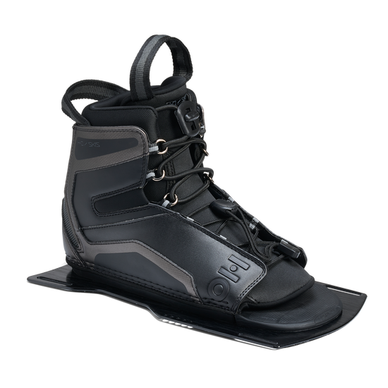 Angled view of Stance Aluminum Front Boot in black with lace system and reinforced side panels.