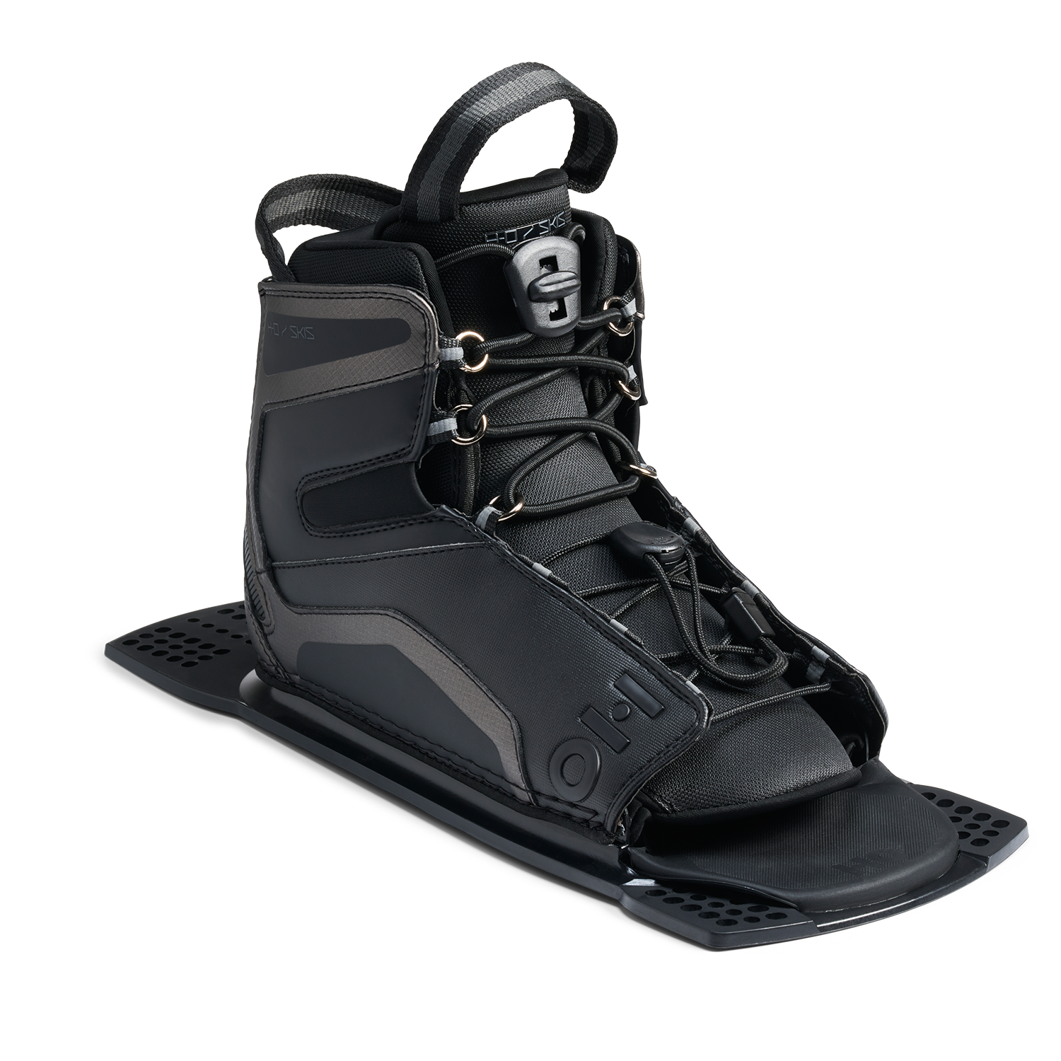 Angled front view of Stance UltraLite Rear Boot in black with lace closure on baseplate.