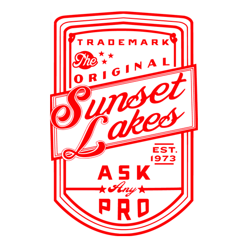 Red and white Sunset Lakes logo with vintage typography, featuring "The Original Sunset Lakes" and "Ask Any Pro" text.