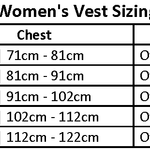 Women's vest sizing chart, listing chest measurements and weight recommendations from X-Small to X-Large.