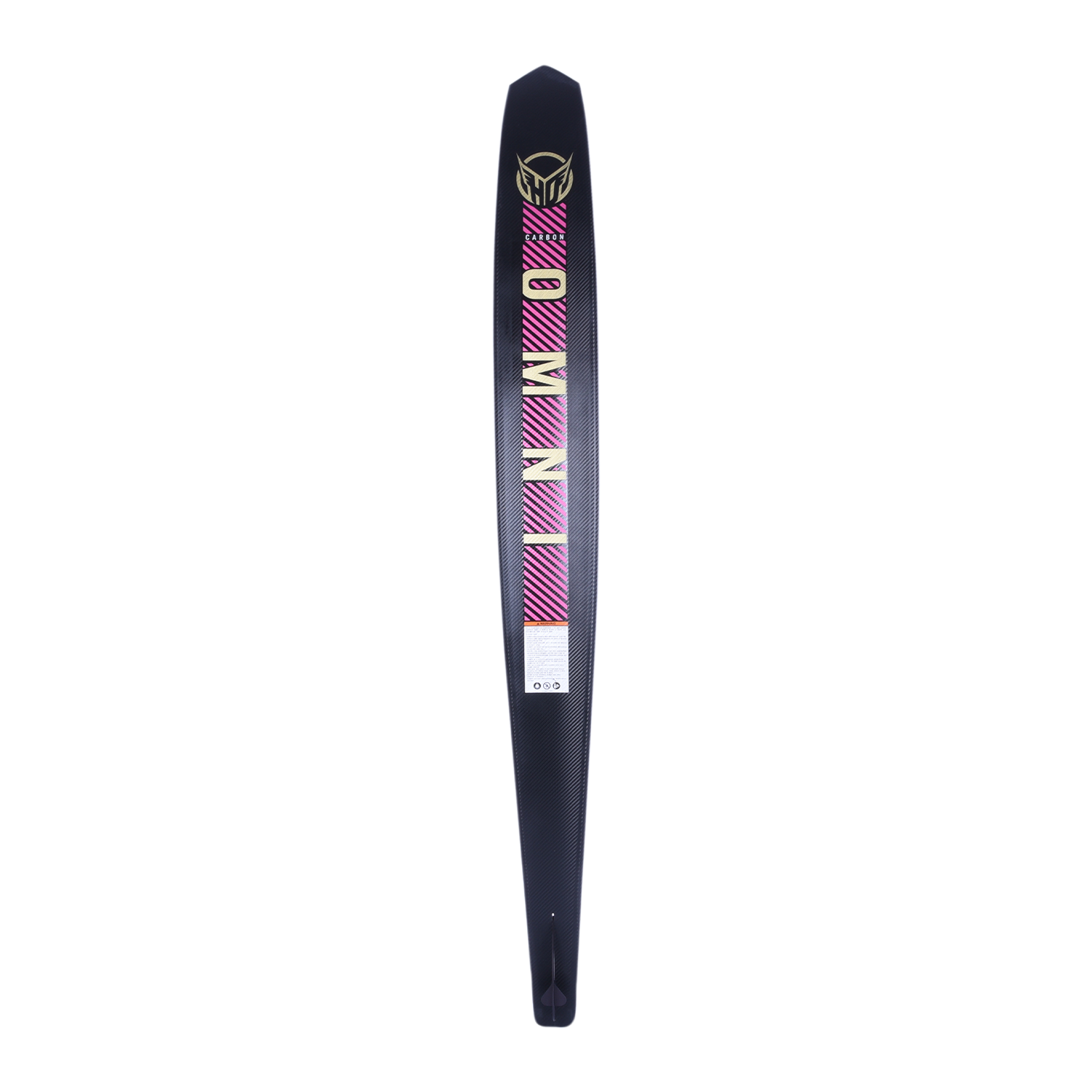Base view of Womens Carbon OMNI ski in black with pink-striped "OMNI" text, a gold HO Sports logo, and a carbon fiber finish.