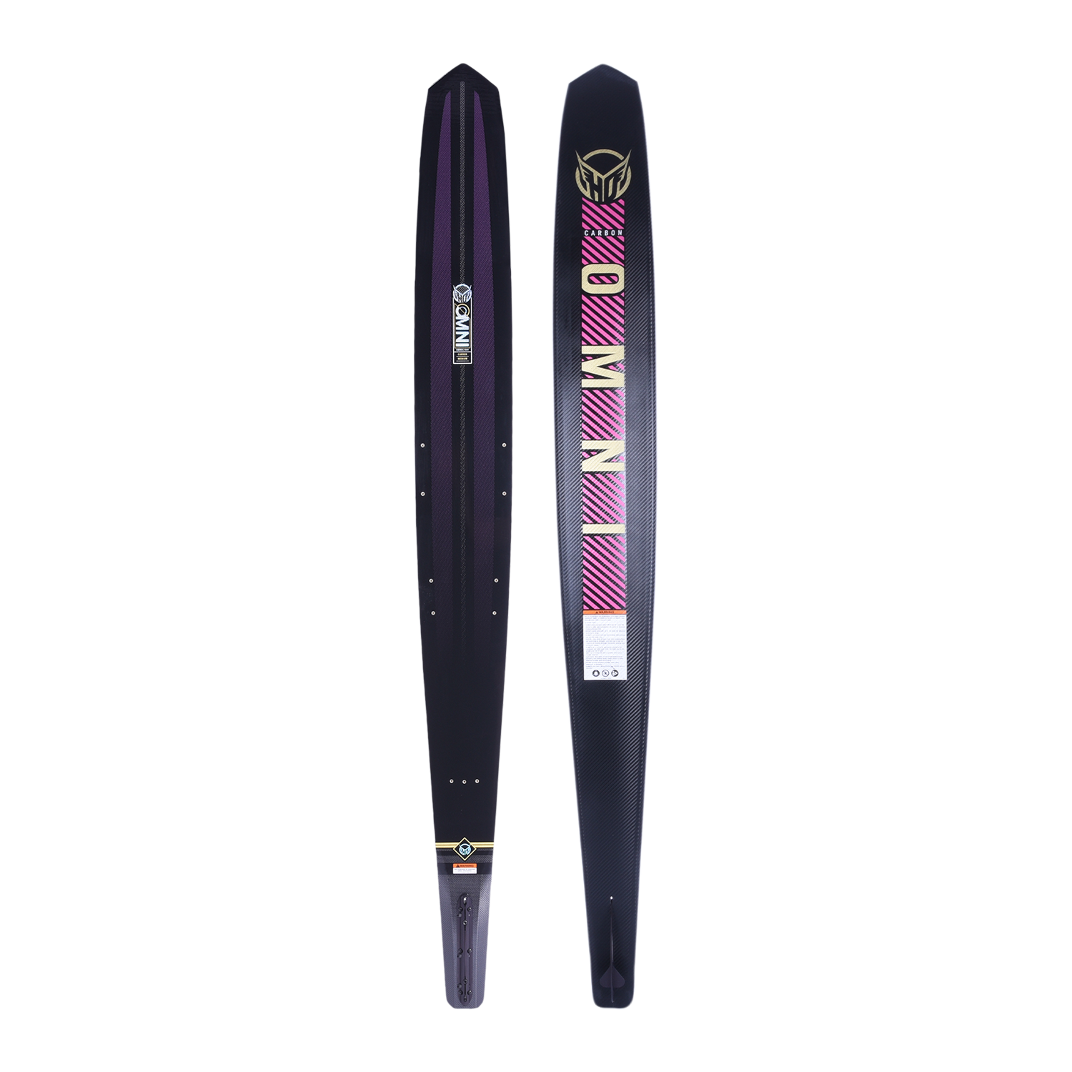 Side-by-side view of Womens Carbon OMNI ski showing the black top with purple details and the base with pink branding.