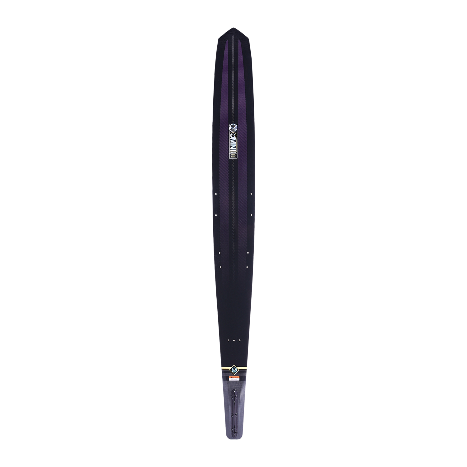 Top view of Womens Carbon OMNI ski in black with purple accents, a centered OMNI logo, and a sleek narrow shape.