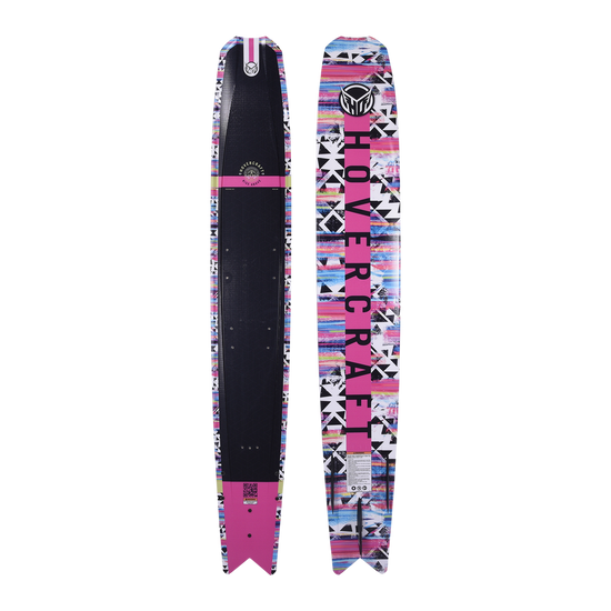 Top and base views of the Hovercraft - Tribal Pink ski, highlighting its vibrant geometric graphics and wide, stable shape.