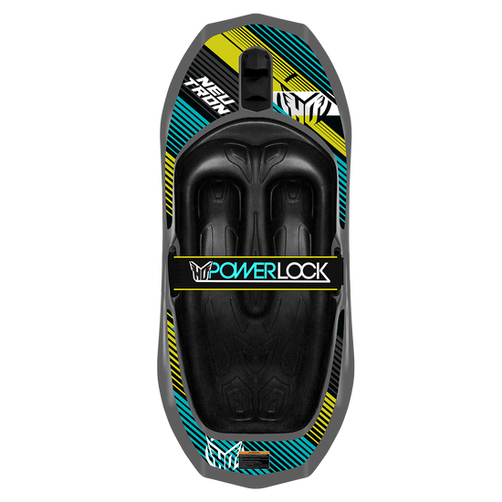Top view of Neutron kneeboard in black with blue and yellow accents, molded knee pads, and a PowerLock strap.
