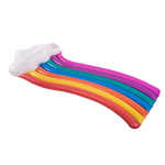 Angled view of Rainbow Float featuring a white cloud headrest with a multicolor inflatable rainbow body.