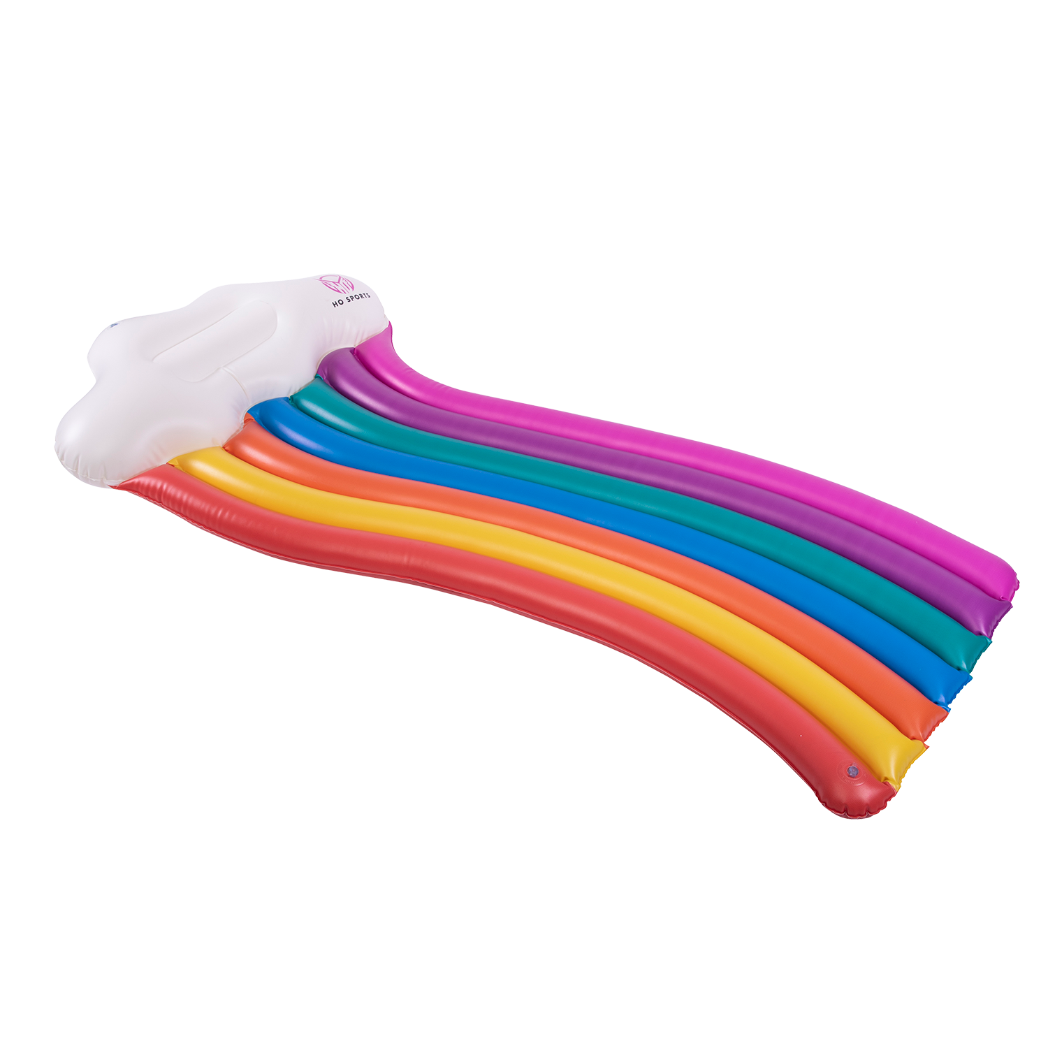 Angled view of Rainbow Float featuring a white cloud headrest with a multicolor inflatable rainbow body.