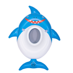 Front view of the blue and white Shark Float, featuring a smiling shark face, side fins, a tail, and a mesh center seat.