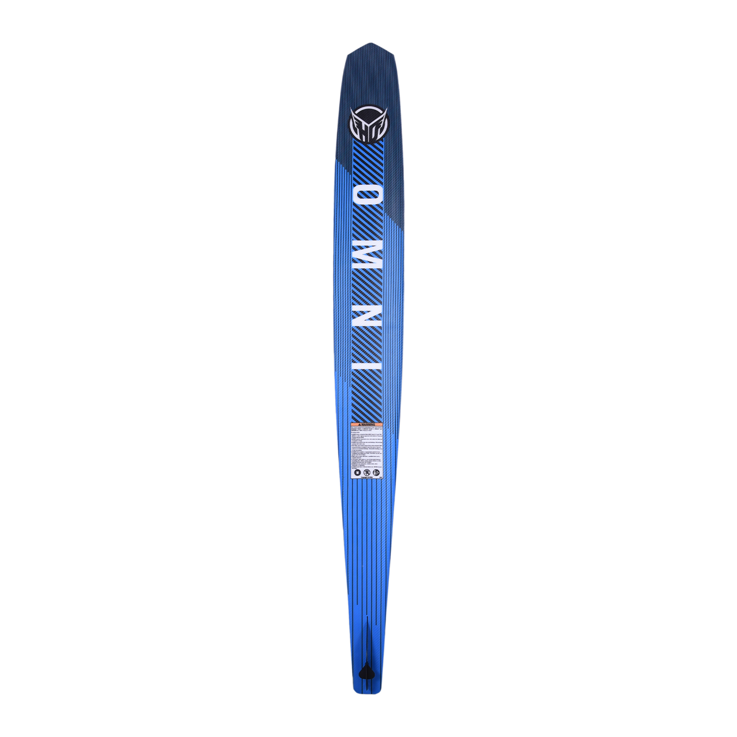 Base view of OMNI waterski in blue with black accents, bold "OMNI" text, a geometric pattern, and a logo near the tip.