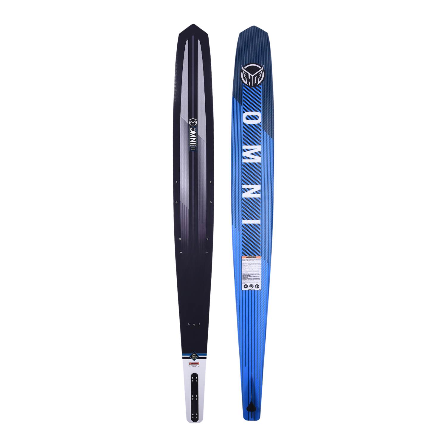 Side-by-side view of OMNI waterski showing both the top and base, featuring a sleek blue base design and a black top.