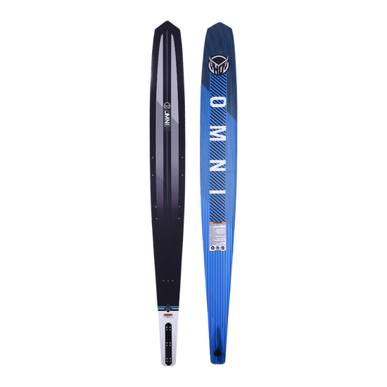 Side-by-side view of OMNI waterski showing both the top and base, featuring a sleek blue base design and a black top.