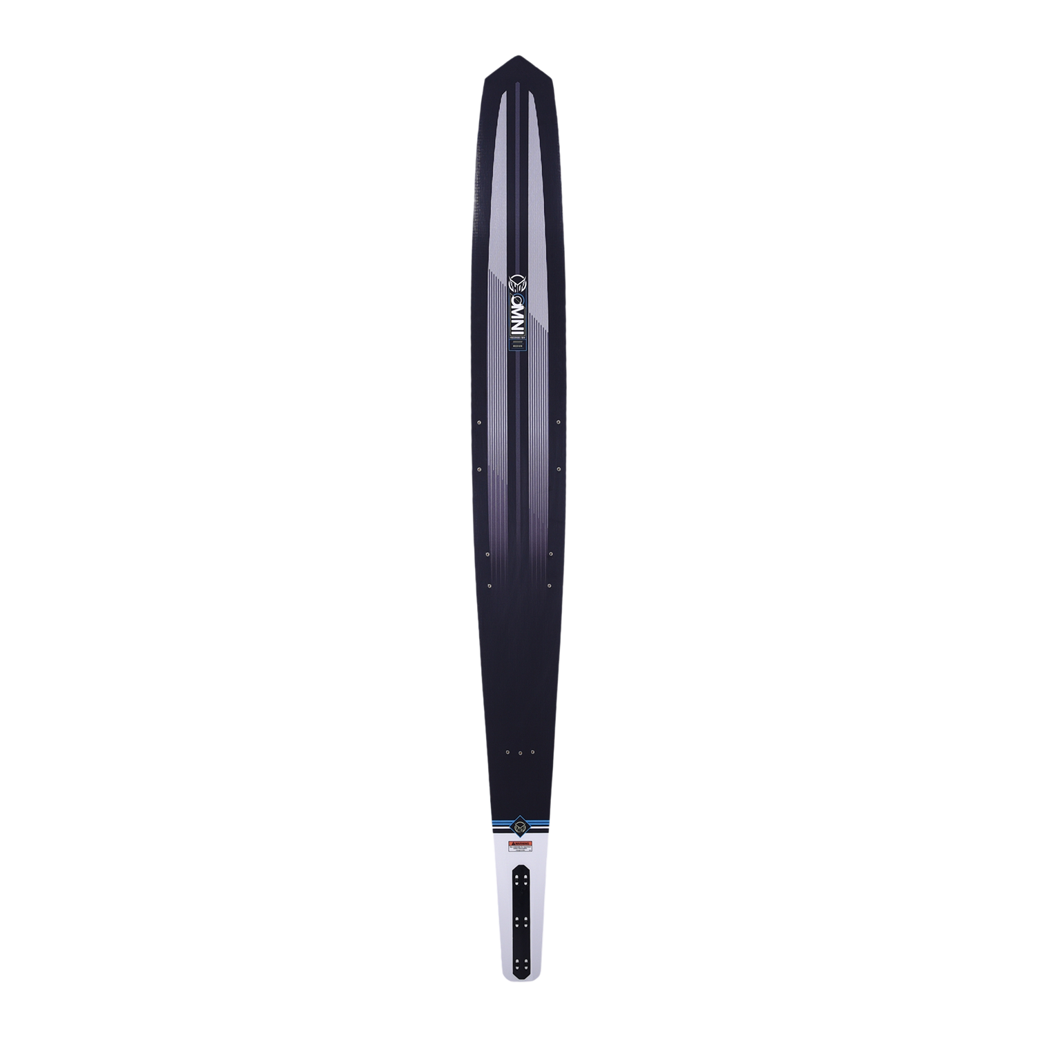 Top view of OMNI waterski in black with a gradient fade, mounting holes, and a white tail section with attachment points.