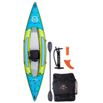 Top view of the Beacon Kayak with included accessories: a paddle, pump, orange fin, and black carrying bag.