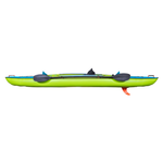Side view of the Beacon Kayak, showing its inflated structure, paddle, and orange fin underneath.