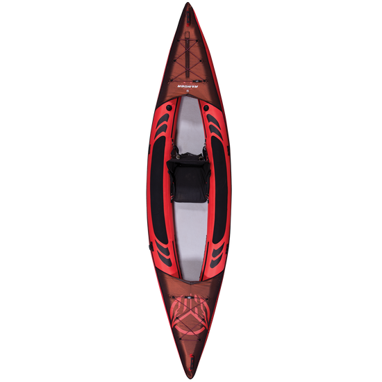 Top view of Ranger 13 Kayak showing a red inflatable body with black accents, an open cockpit, and a padded seat.