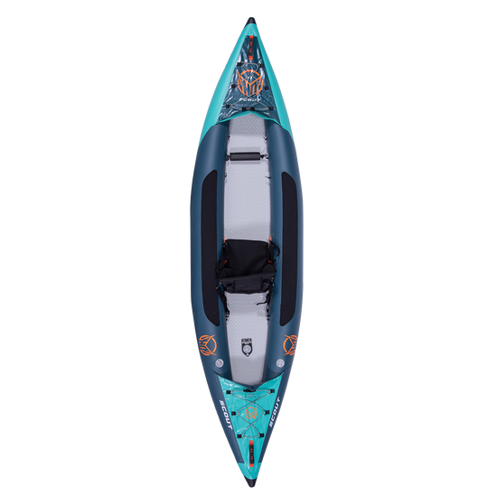 Top view of the Scout 11' Kayak, showing its blue and teal inflatable body, black seat, and footrests.